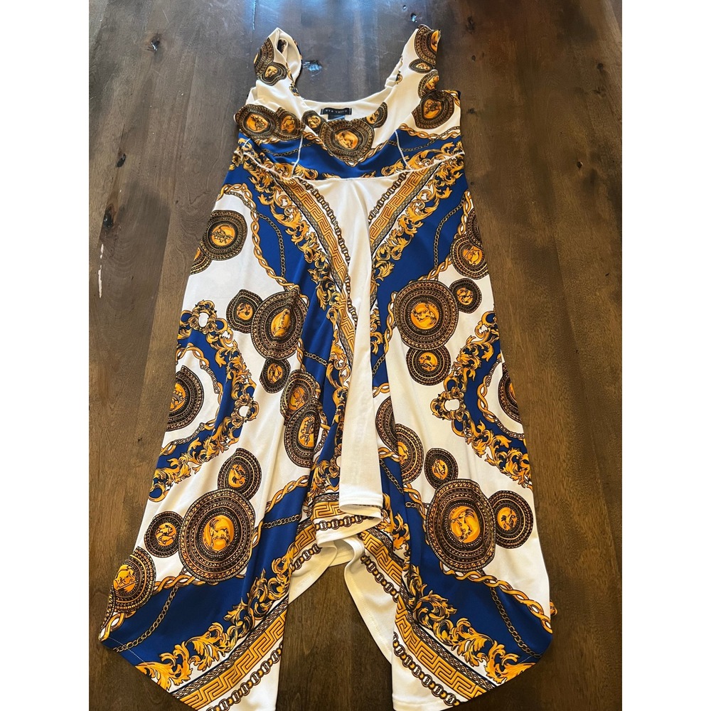 Eva Varro Baroque Chain Print High Low Handkerchief Hem Dress Blue Gold Small